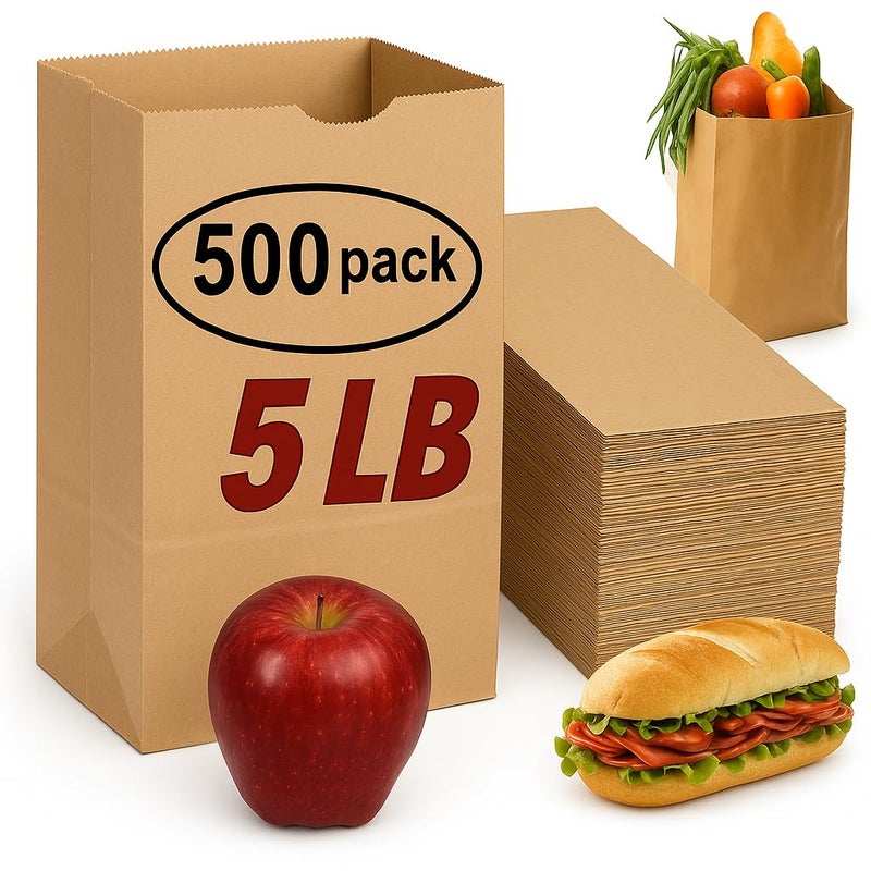 Pizety 5 lb Brown Kraft Paper Bags â€“ 500 Pack Brown Paper Lunch Bags, Recyclable Sacks for Sandwiches, Snacks, Grocery, Crafts, Parties & Bulk Use - Image 1
